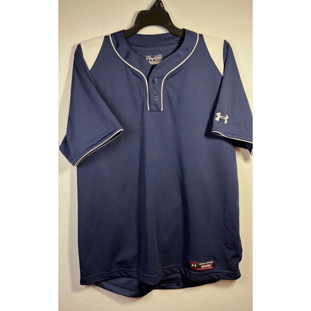 Under Armour Baseball Jersey Mens Medium Navy Blue Excellent Two Button HeatGear